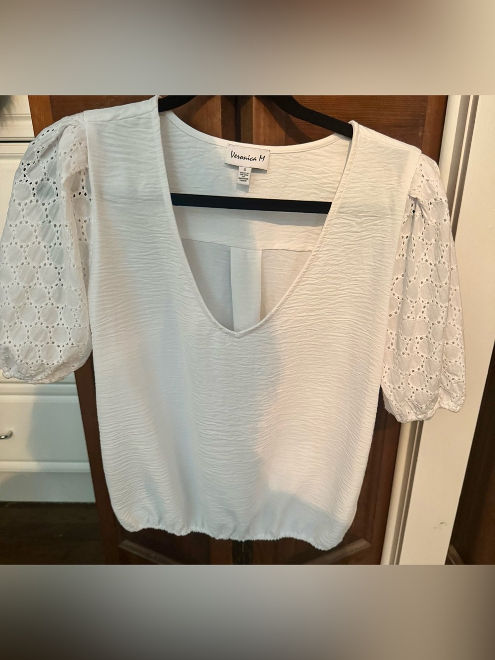 Veronica M White Eyelet Sleeve Scoop Neck Blouse